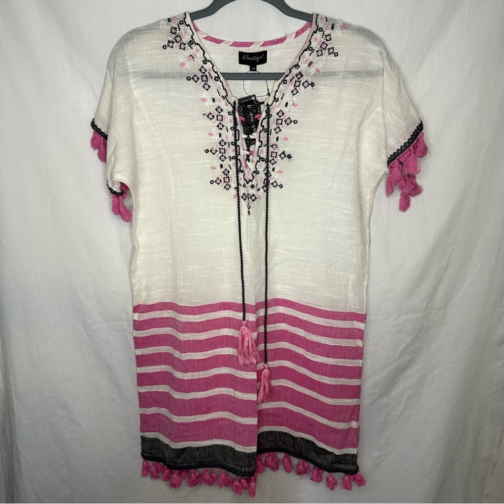 Elegant Pink and White Embroidered Swim Coverup